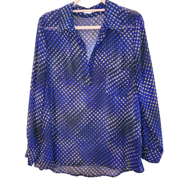 Pleione Blue Multicolor Geometric V Neck Long Sleeve Tunic Blouse Women Size M - Picture 1 of 9